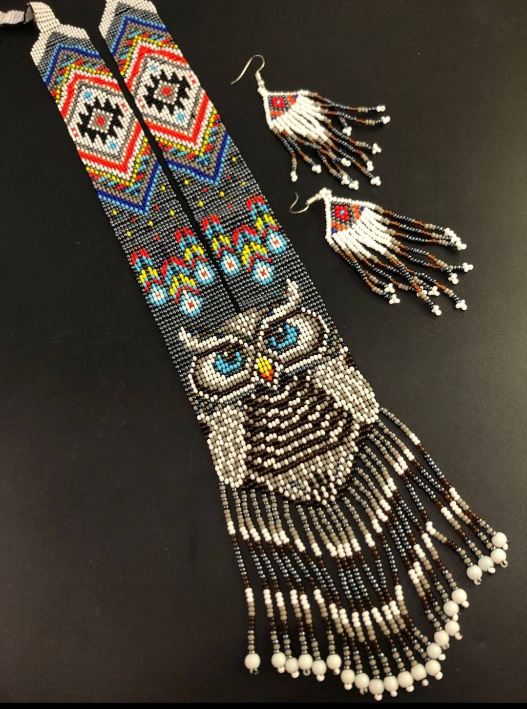 Handmade Beaded Owl Necklace & Earrings Set