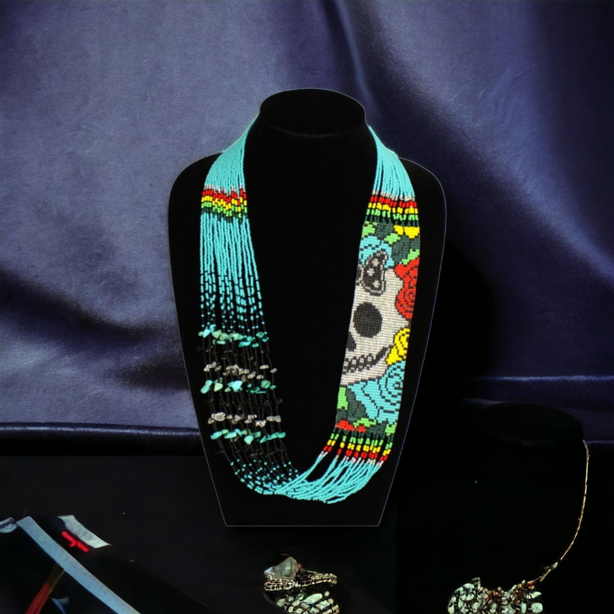 Handmade Sugar Skull Beaded Necklace – Turquoise Seed Bead Statement Necklace | Artisan Boho Festival Jewelry