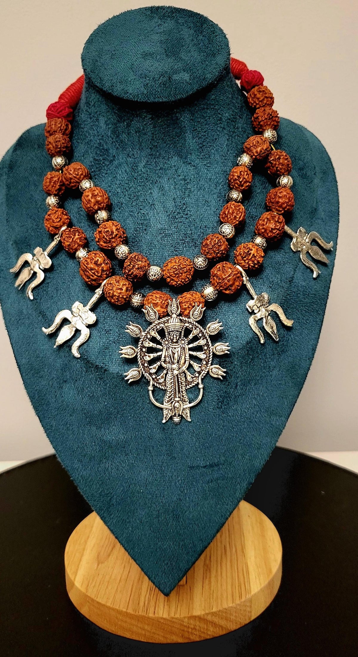 Handmade Silver Krishna Necklace: Rudraksha Chain, Hindu God Pendant