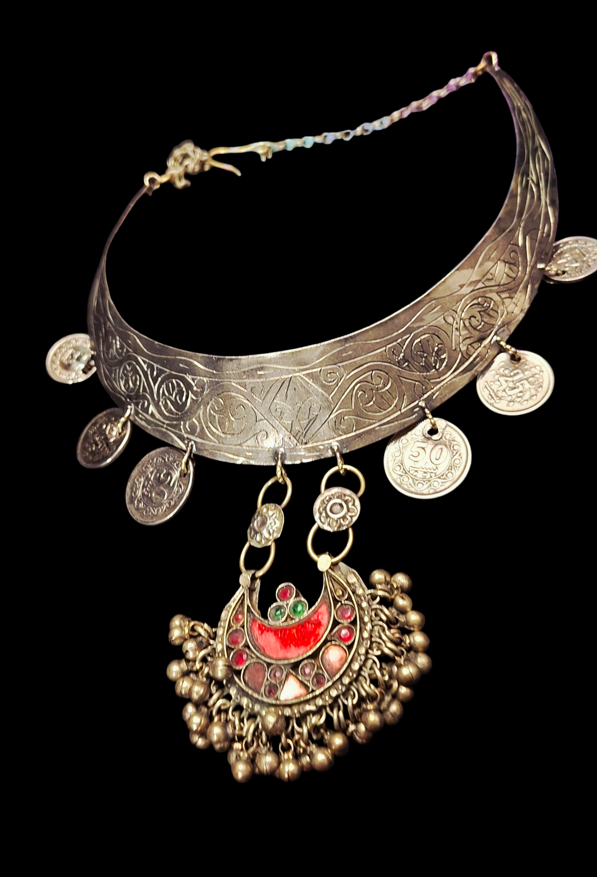 Antique Kuchi Tribal Hansli Choker: Engraved Coin Torque