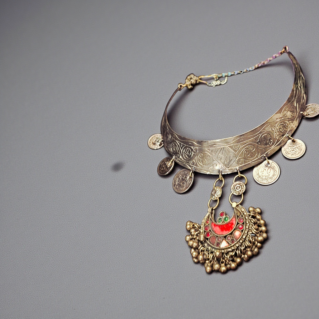 Antique Kuchi Tribal Hansli Choker: Engraved Coin Torque