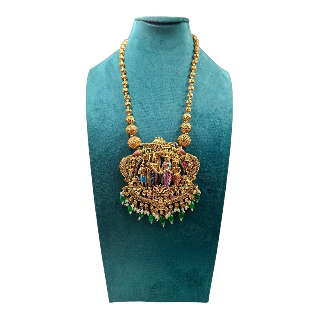 Divine Radha Krishna Temple Jewelry Necklace with Emerald Droplets