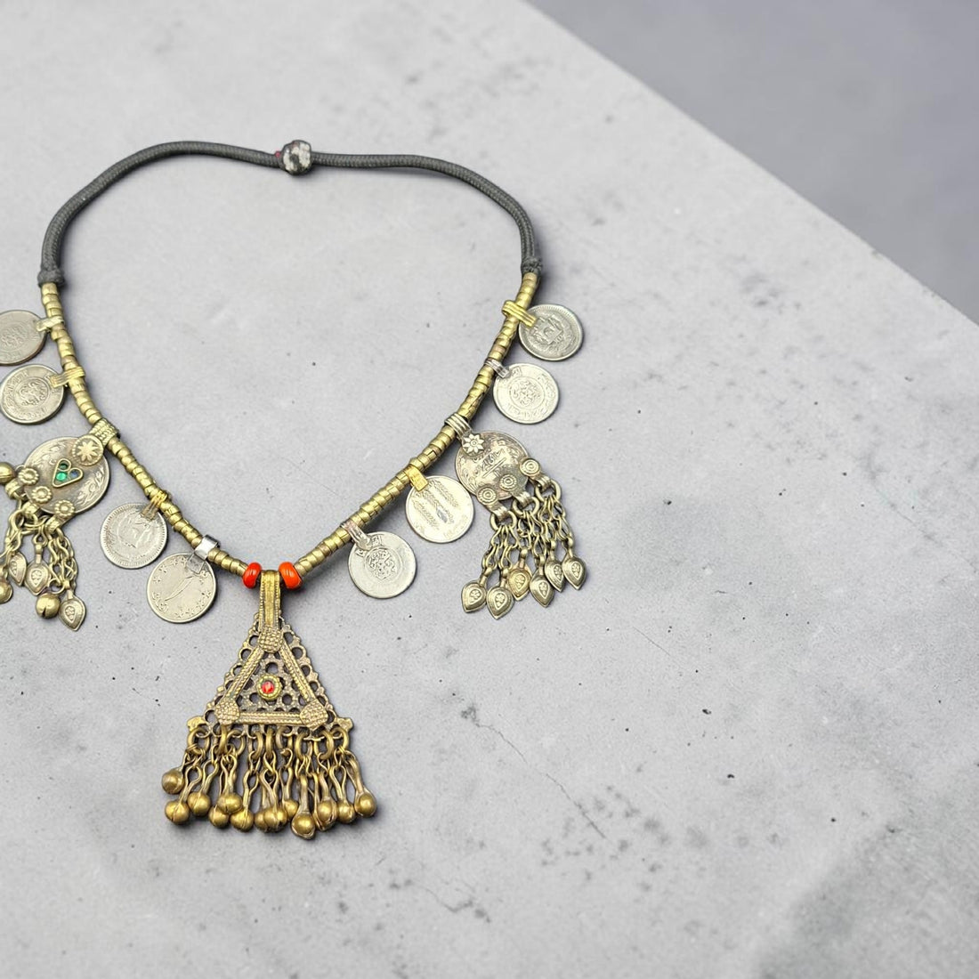 Vintage Tribal Coin Statement Necklace with Filigree Pendant