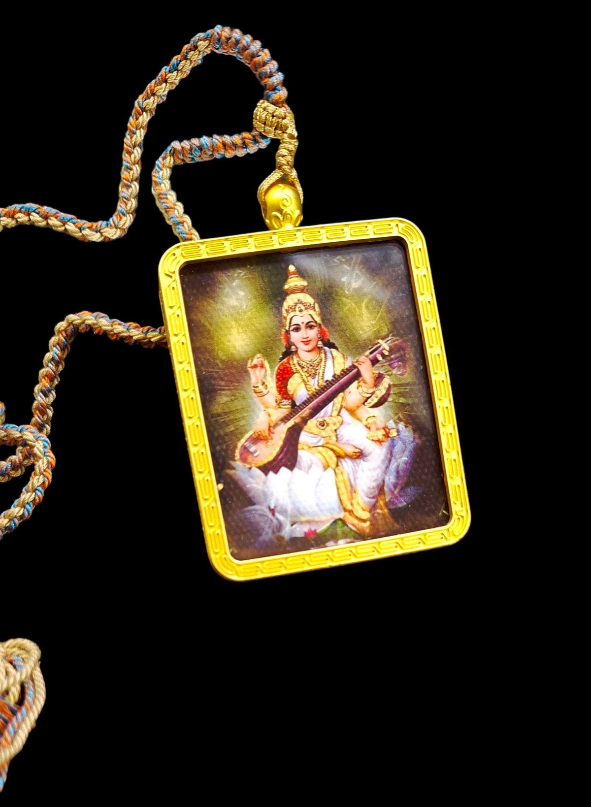 Divine Saraswati Pendant: Hindu Goddess Woven Chain Necklace