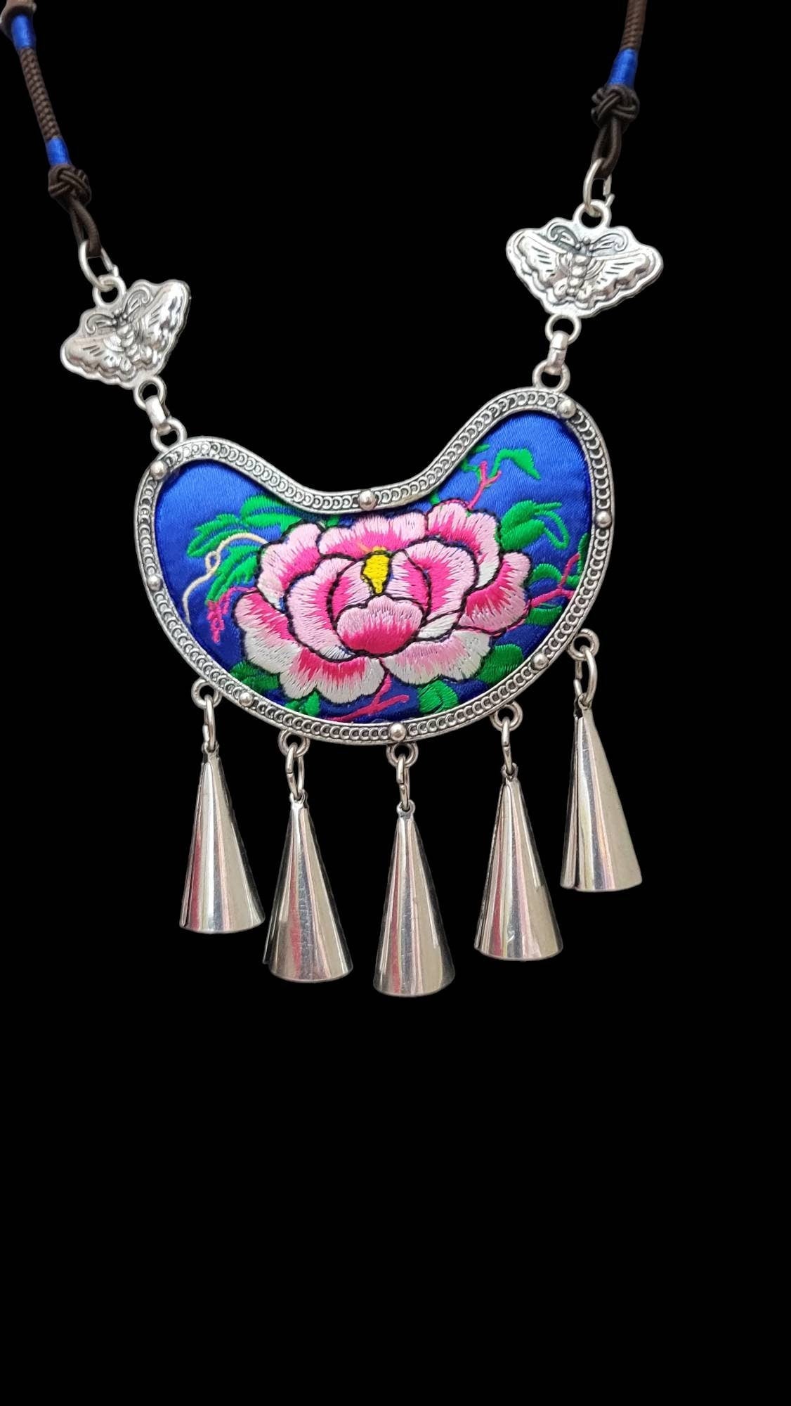Miao Silver Embroidery Necklace & Butterfly Earring Set