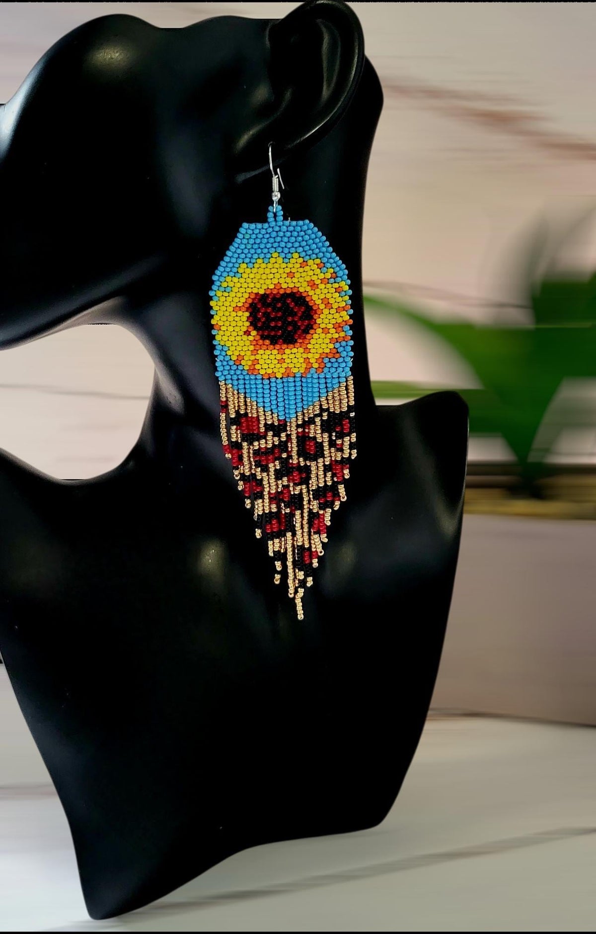Handcrafted Sunflower Beaded Fringe Earrings