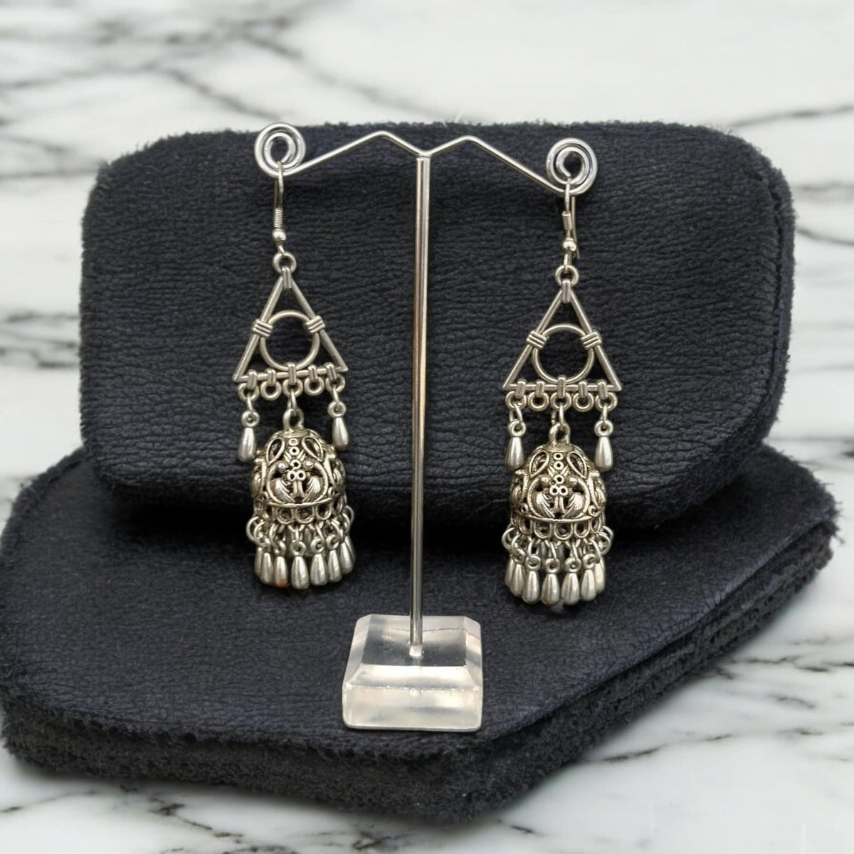 Silver Triangle Jhumka Earrings: 925 Hook Drop Dangle
