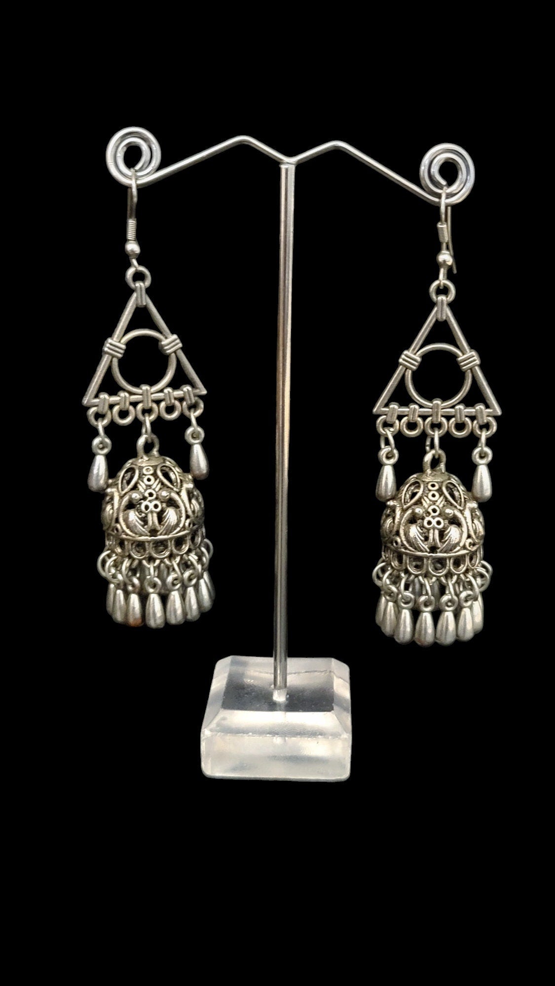 Silver Triangle Jhumka Earrings: 925 Hook Drop Dangle