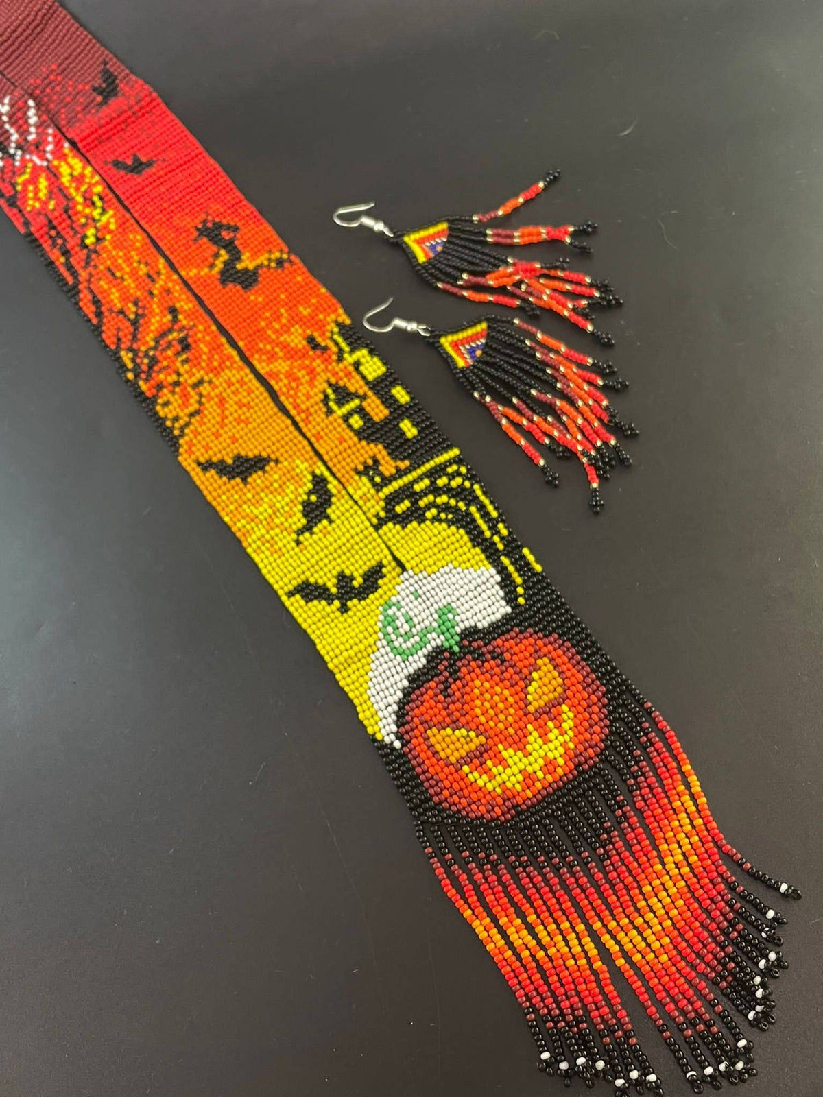 Handmade Beaded Halloween Necklace: Pumpkin Jewelry Set