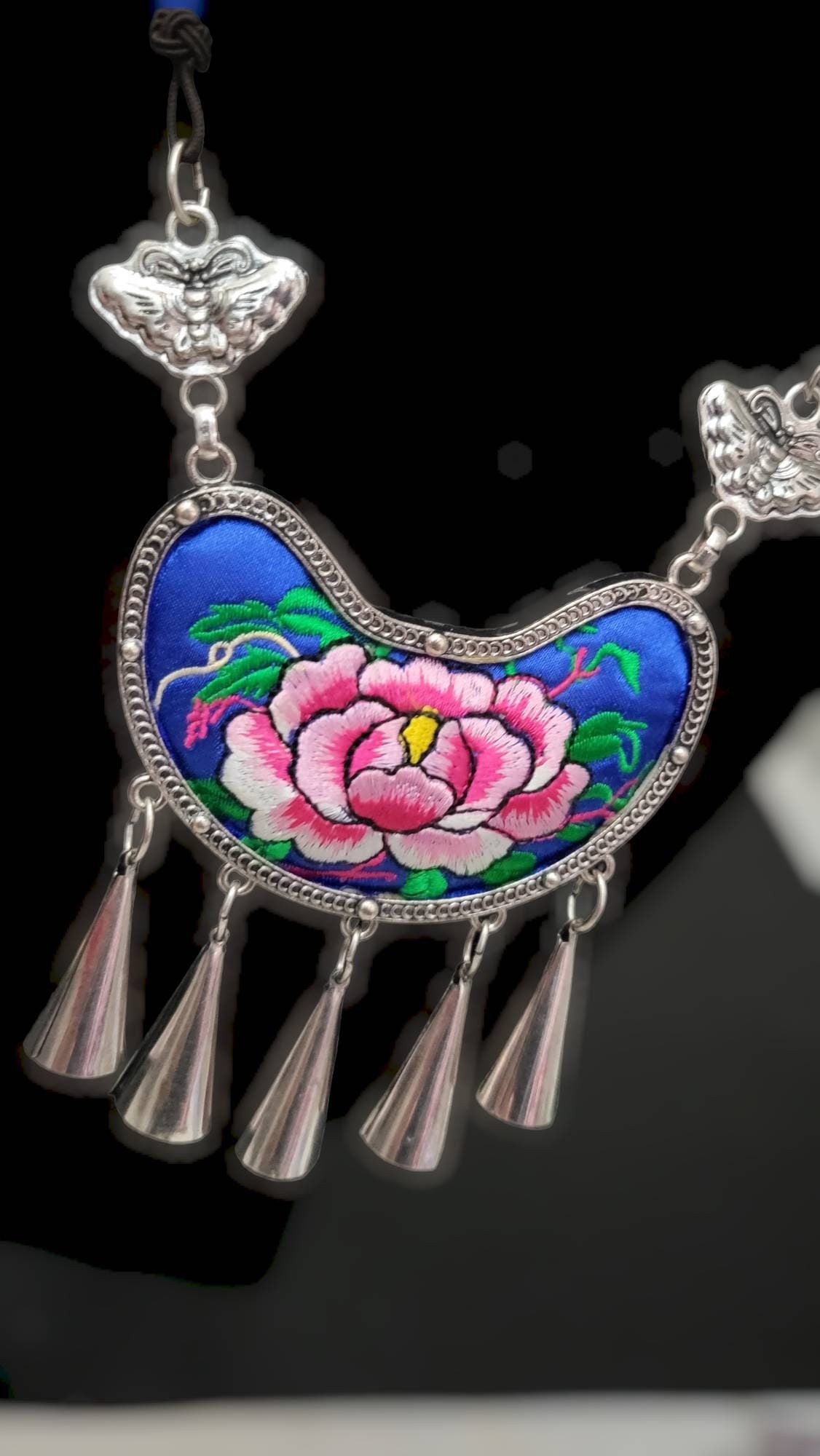 Miao Silver Embroidery Necklace & Butterfly Earring Set