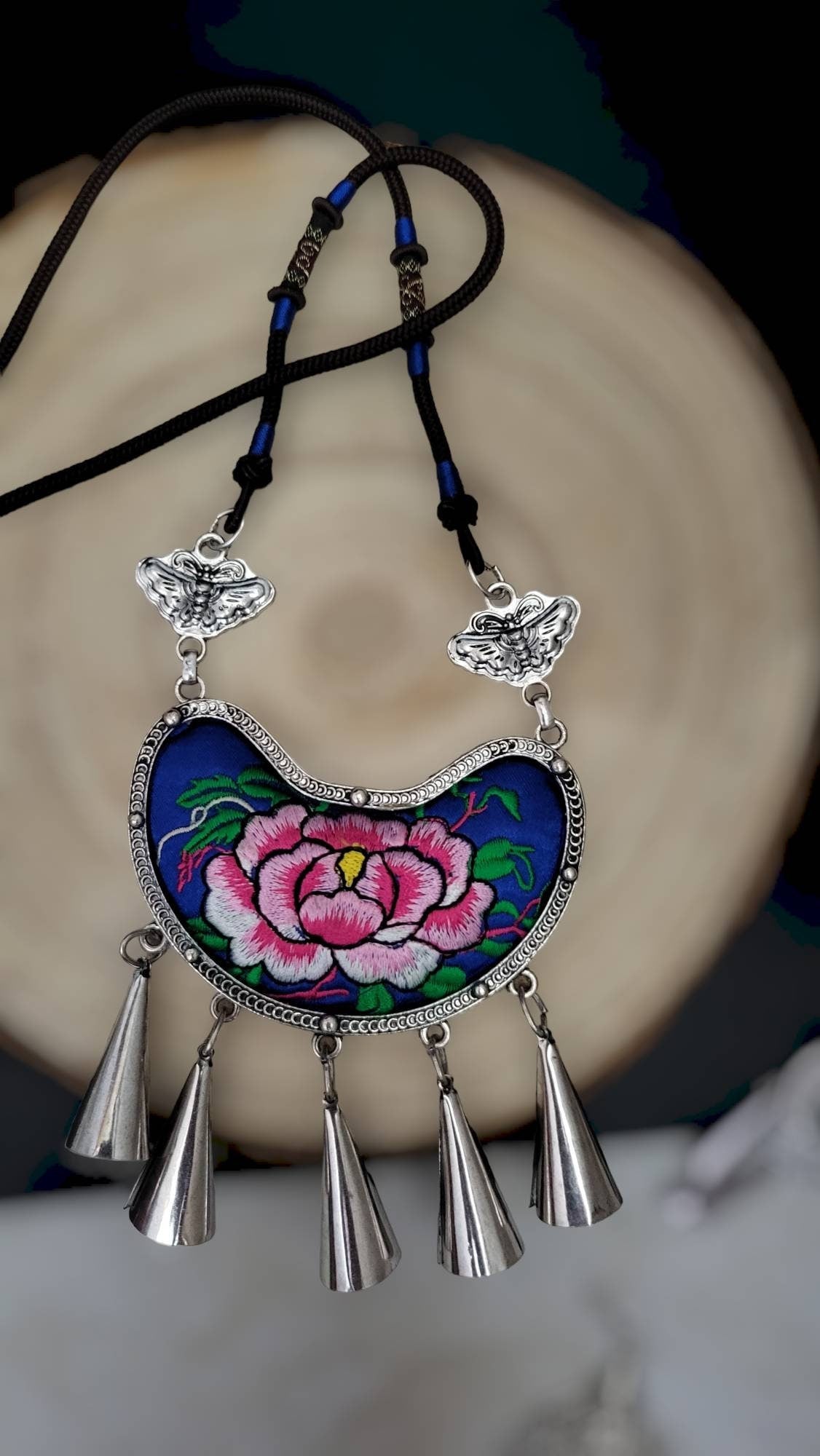 Miao Silver Embroidery Necklace & Butterfly Earring Set