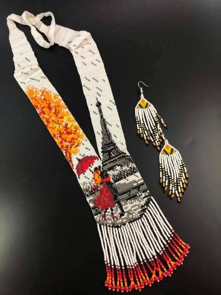 Handmade Beaded Eiffel Tower Necklace: Paris Autumn Scene