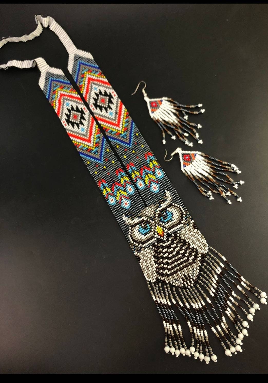 Handmade Beaded Owl Necklace & Earrings Set