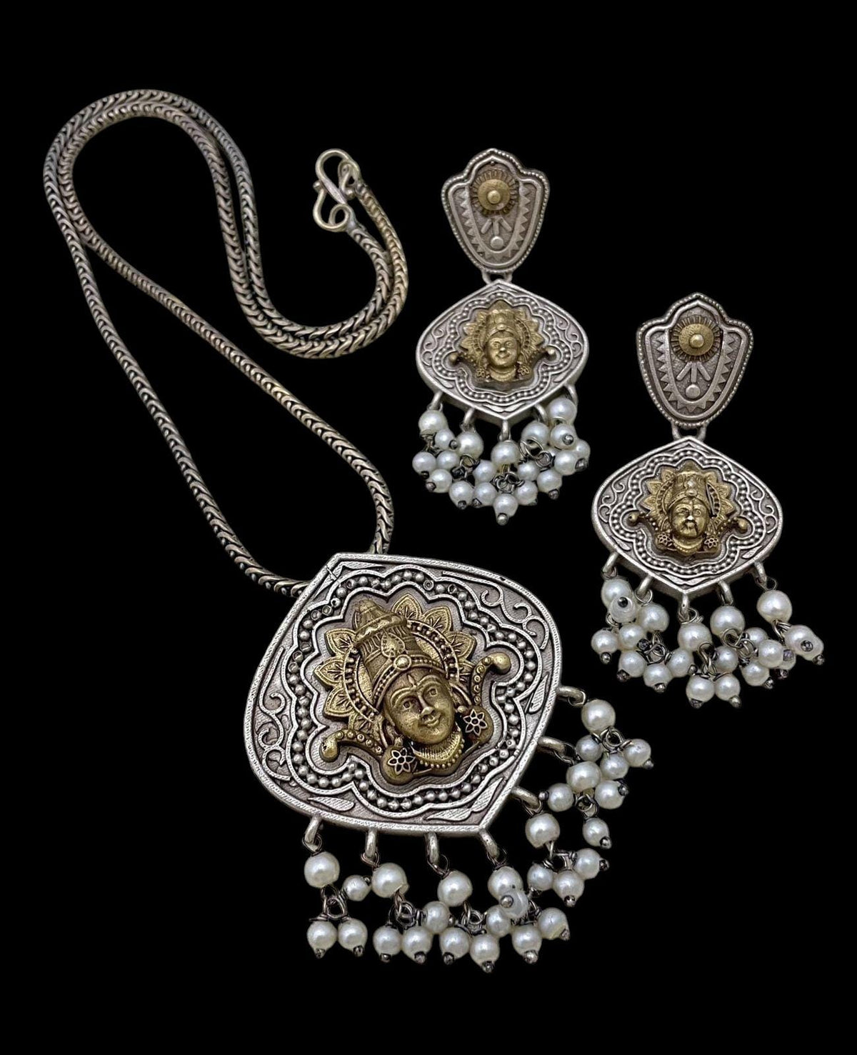 Handcrafted Brass Temple Jewelry Set: Indian Necklace & Pearl Earrings