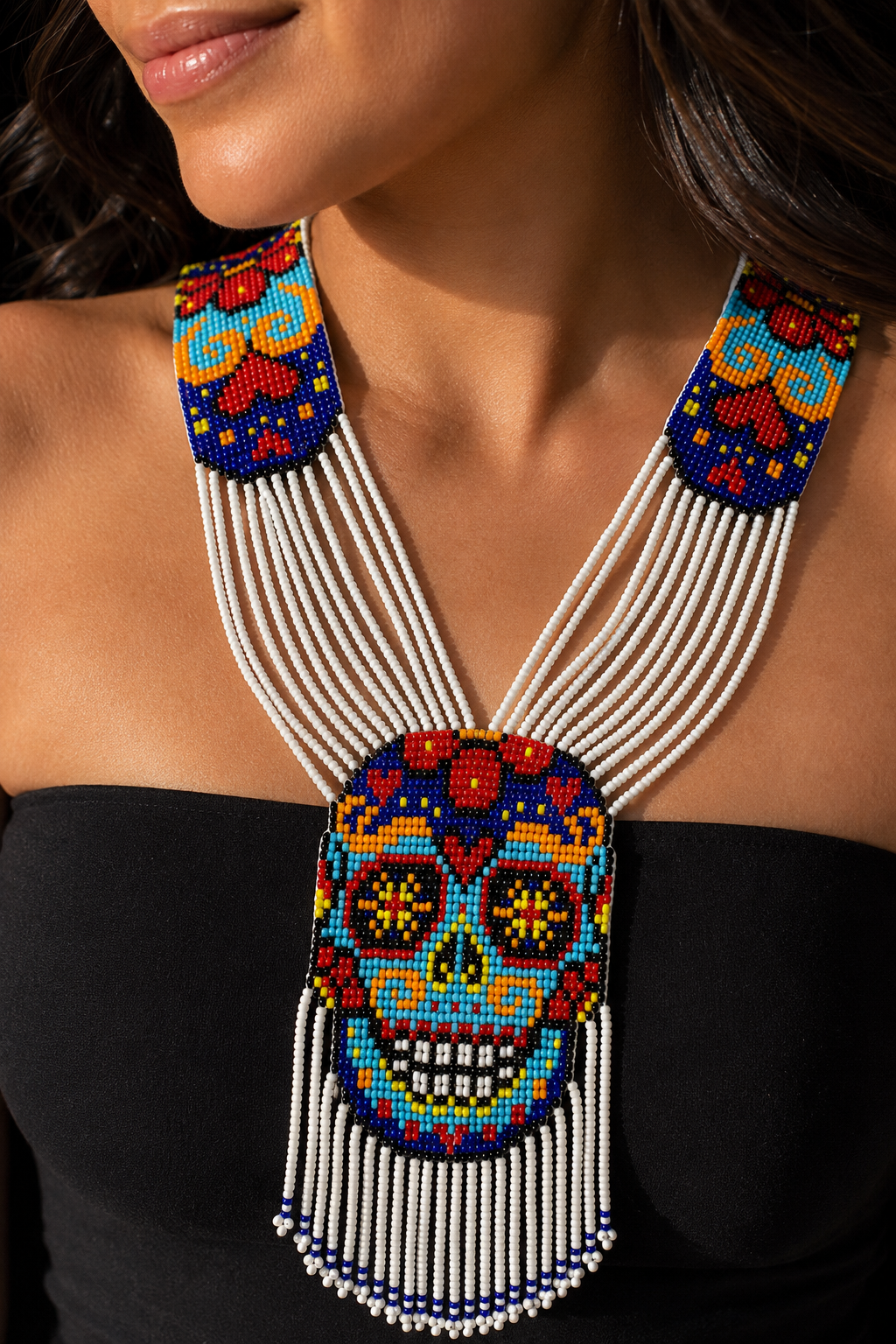 Naszyjnik ręcznie robiony z koralików seed beads z czaszką: Etniczny zestaw biżuterii z czaszką cukrową