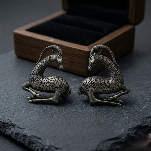 Vintage Scythian-Style Ibex Statement Earrings in Antique Bronze Finish