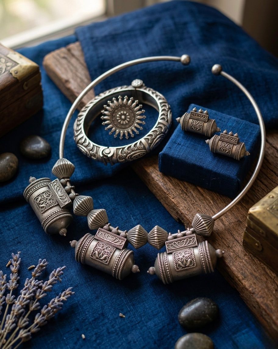 Oxidized Silver Tribal Jewelry Set: Hasli Choker & Kada