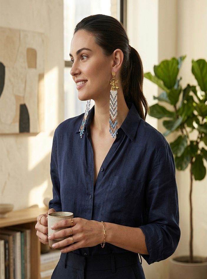 Gold Stag Head Beaded Fringe Earrings: Western Boho Style