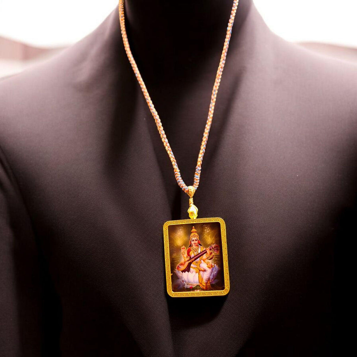 Divine Saraswati Pendant: Hindu Goddess Woven Chain Necklace