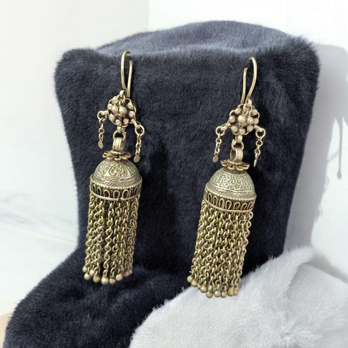 Antique Kuchi Tassel Earrings: Vintage Tribal Silver Style