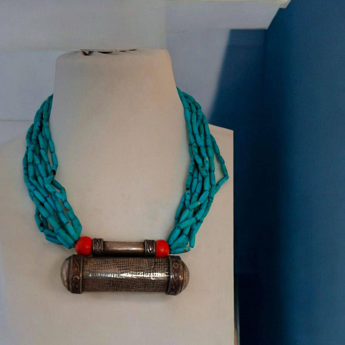 Bohemian Turquoise & Coral Pendant Necklace - Unique Ethnic Jewelry
