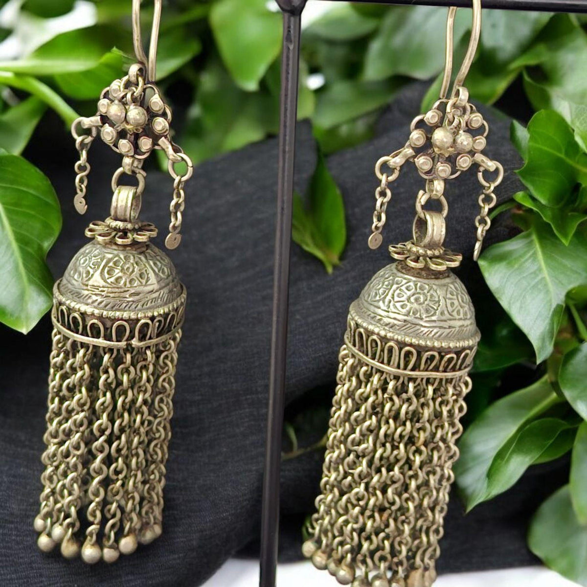 Antique Kuchi Tassel Earrings: Vintage Tribal Silver Style