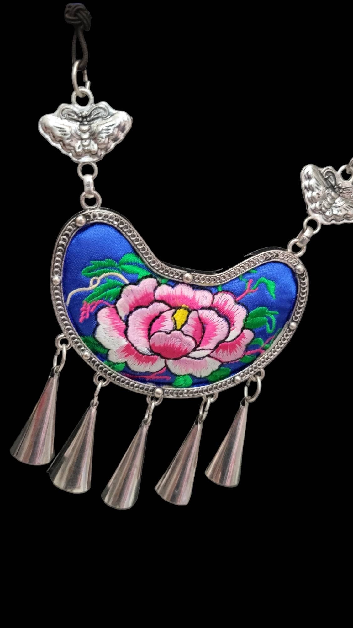 Miao Silver Embroidery Necklace & Butterfly Earring Set