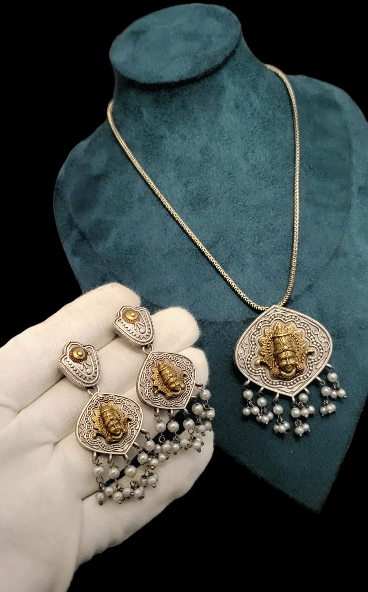 Handcrafted Brass Temple Jewelry Set: Indian Necklace & Pearl Earrings