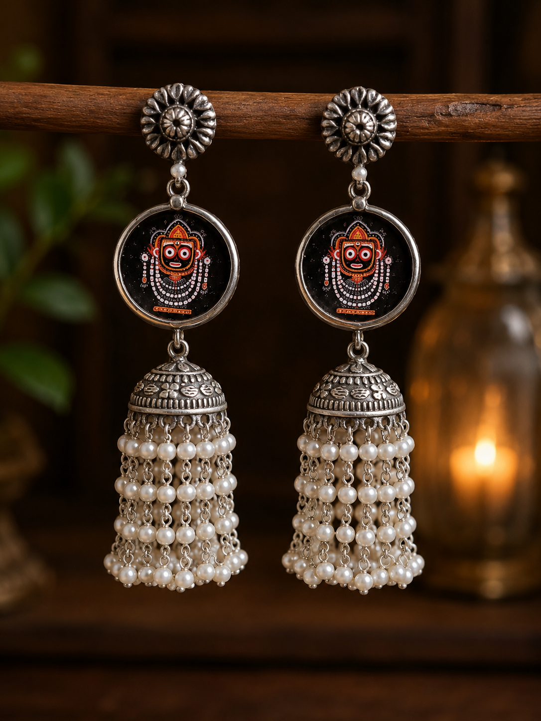 Kolczyki Jhumka Radha Kryszna: Ręcznie malowana hinduska biżuteria
