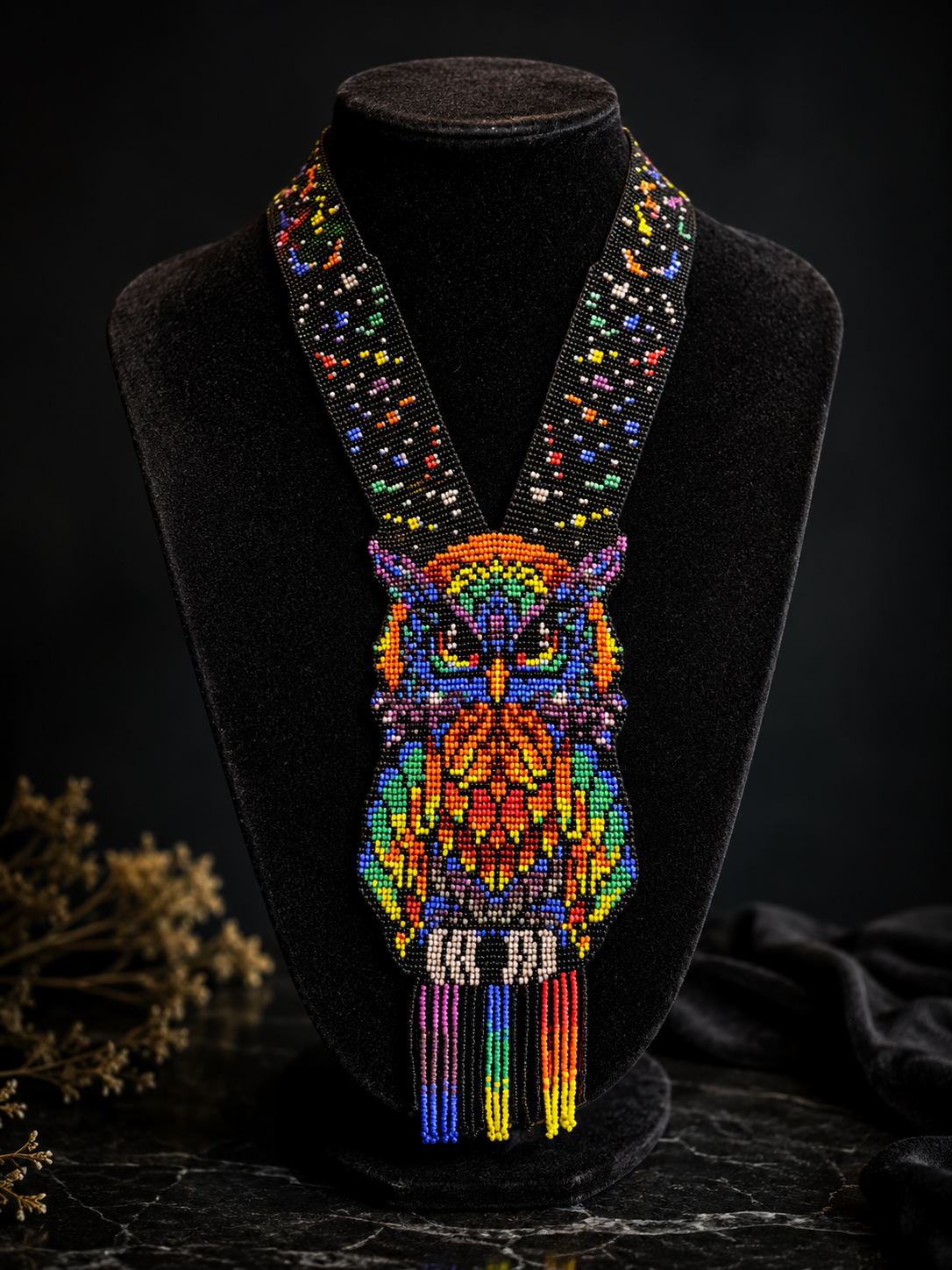 Naszyjnik z ręcznie robioną, koralikową tęczową sową: Kapryśna biżuteria boho