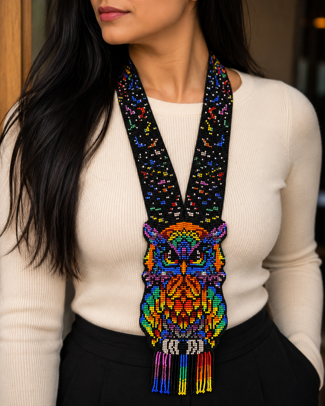 Naszyjnik z ręcznie robioną, koralikową tęczową sową: Kapryśna biżuteria boho