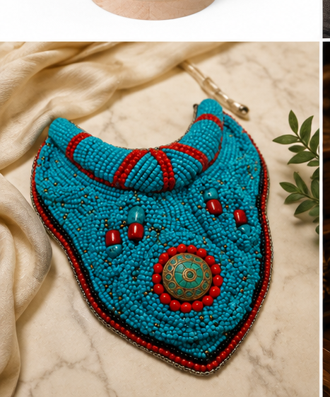Boho Turquoise & Red Beaded Statement Necklace – Ethnic Tribal Bib Necklace with Vintage Medallion