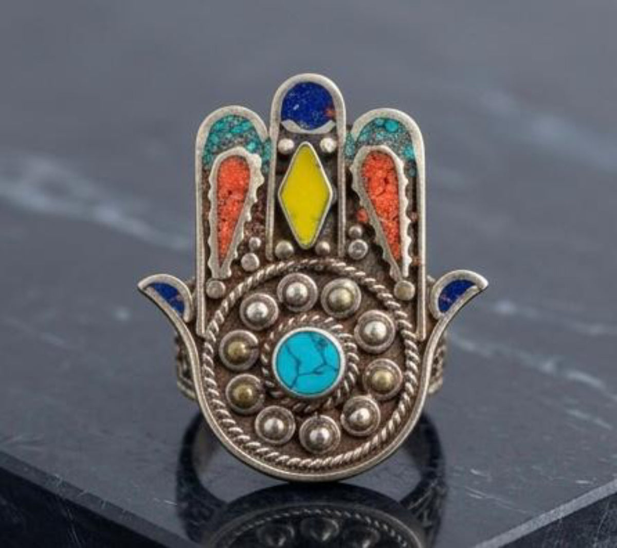 Adjustable Brass Statement Ring with Colorful Nepal Stone Inlays