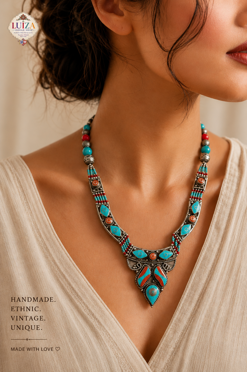 Handmade Tibetan Turquoise Necklace: Ethnic Vintage Jewelry
