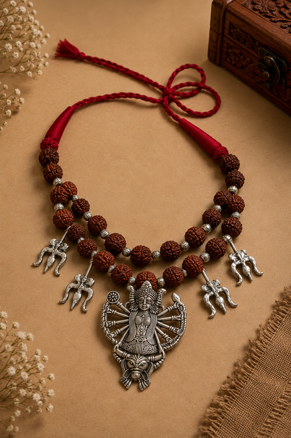 Goddess Durga Rudraksha Necklace: Oxidized Silver Trishul