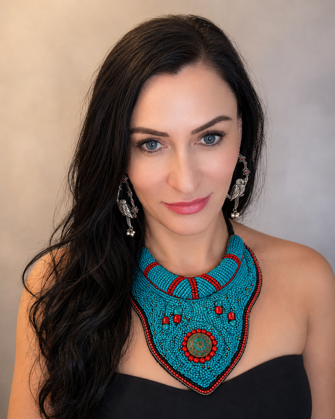 Boho Turquoise & Red Beaded Statement Necklace – Ethnic Tribal Bib Necklace with Vintage Medallion