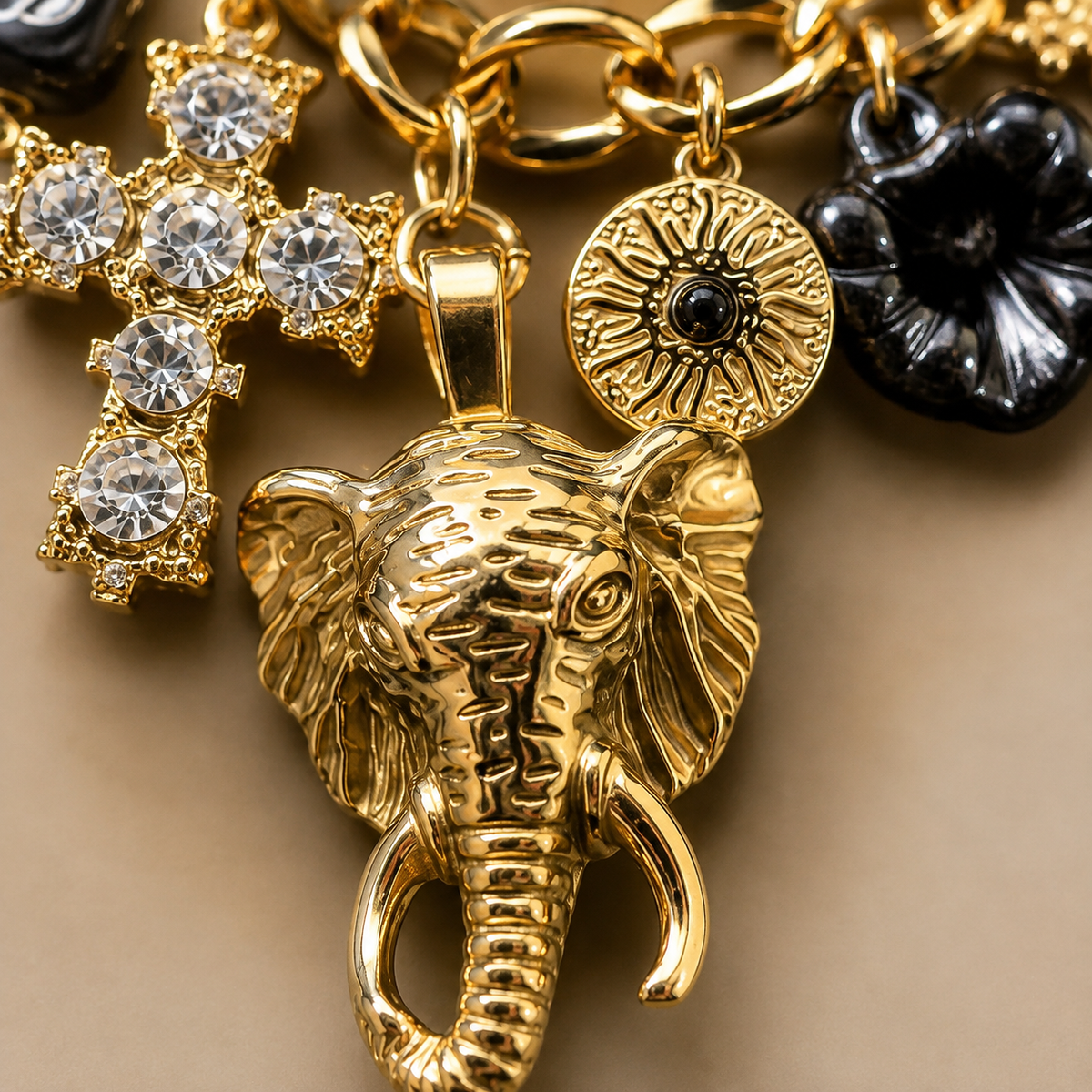 Gold Elephant Charm Necklace, Chunky Gold Chain Statement Necklace, Cross & Flower Charms, Boho Vintage Style Jewelry, Gift for Her