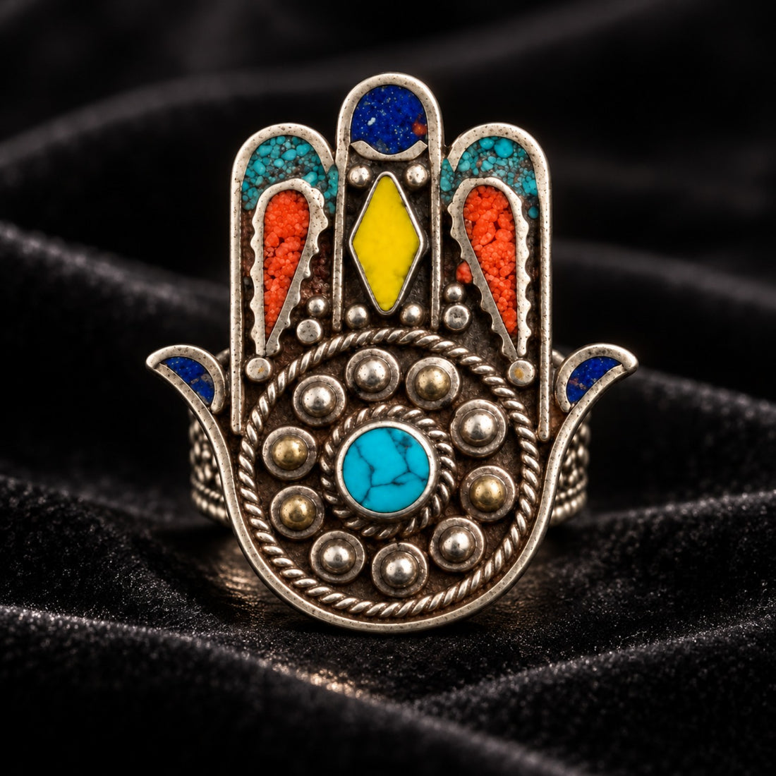 Adjustable Brass Statement Ring with Colorful Nepal Stone Inlays