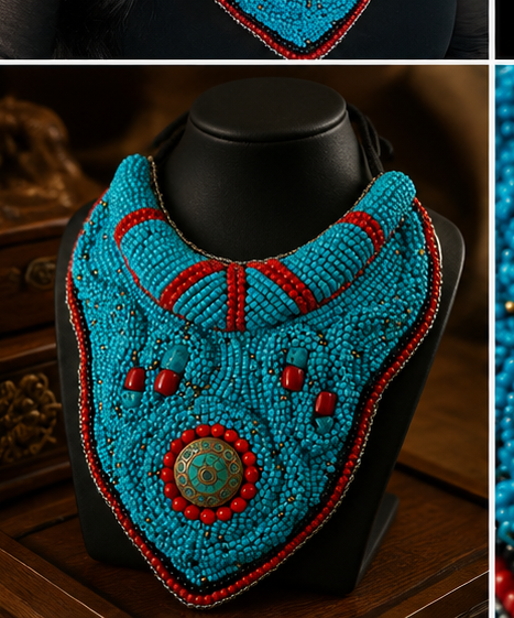Boho Turquoise & Red Beaded Statement Necklace – Ethnic Tribal Bib Necklace with Vintage Medallion