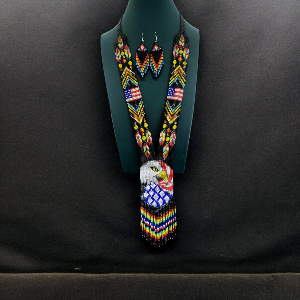 Handmade Beaded Loom Necklace: American Flag with Majestic Eagle