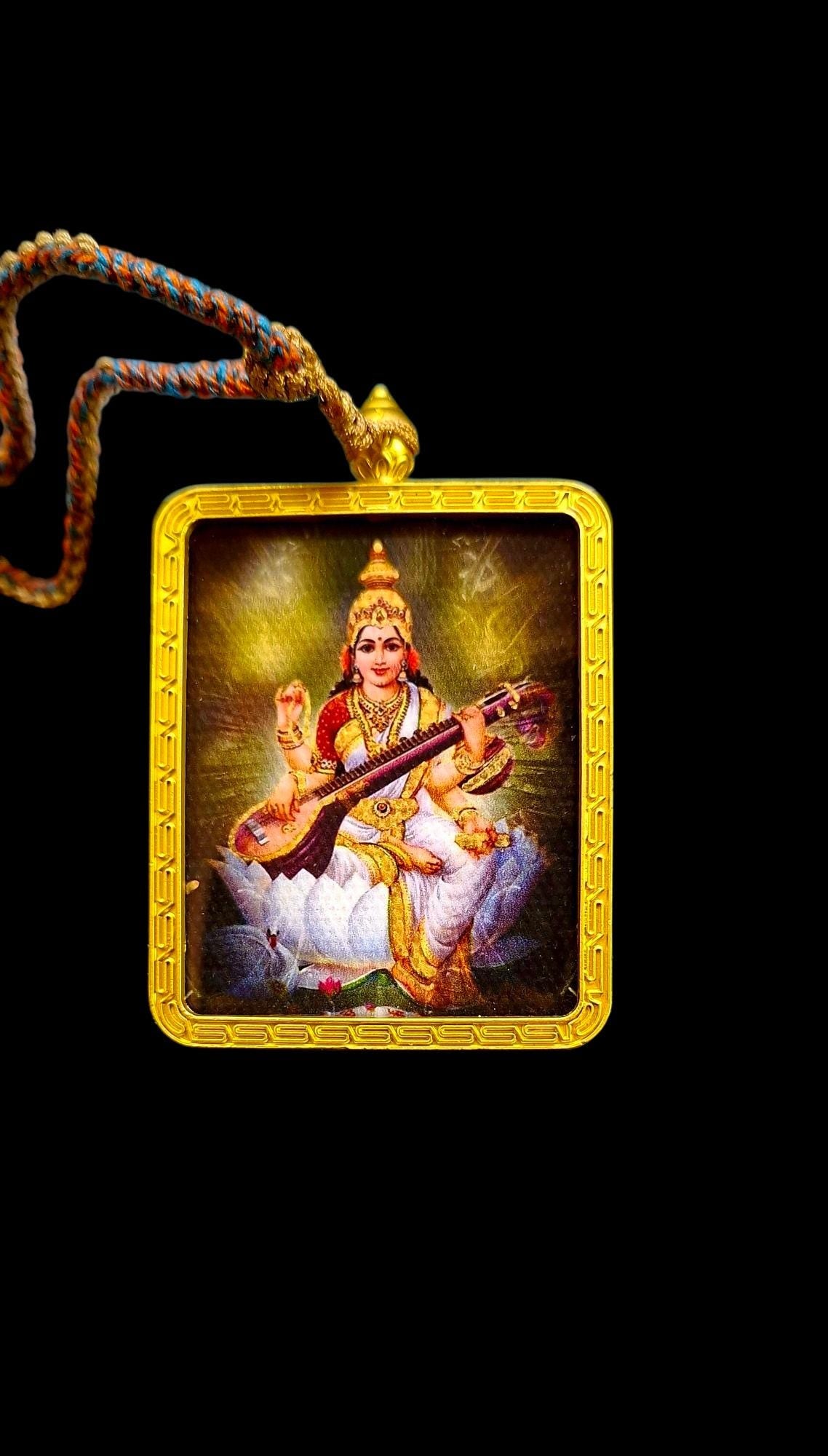 Divine Saraswati Pendant: Hindu Goddess Woven Chain Necklace
