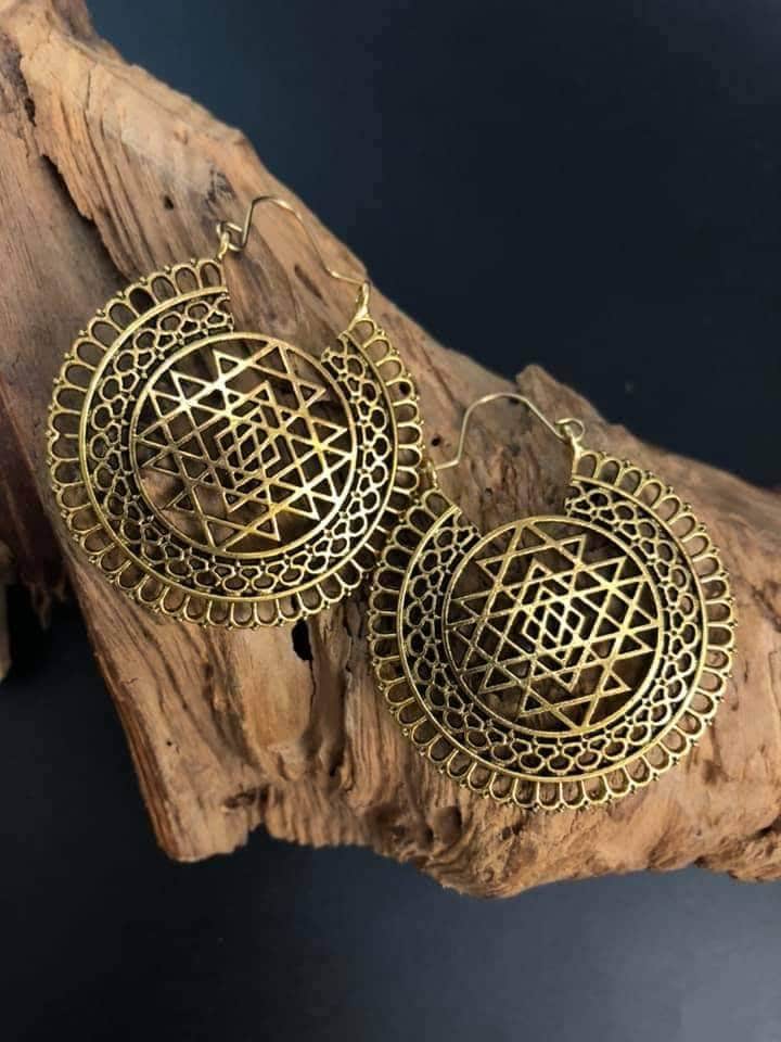 Brass Mandala Hoop Earrings: Sacred Geometry Boho Jewelry