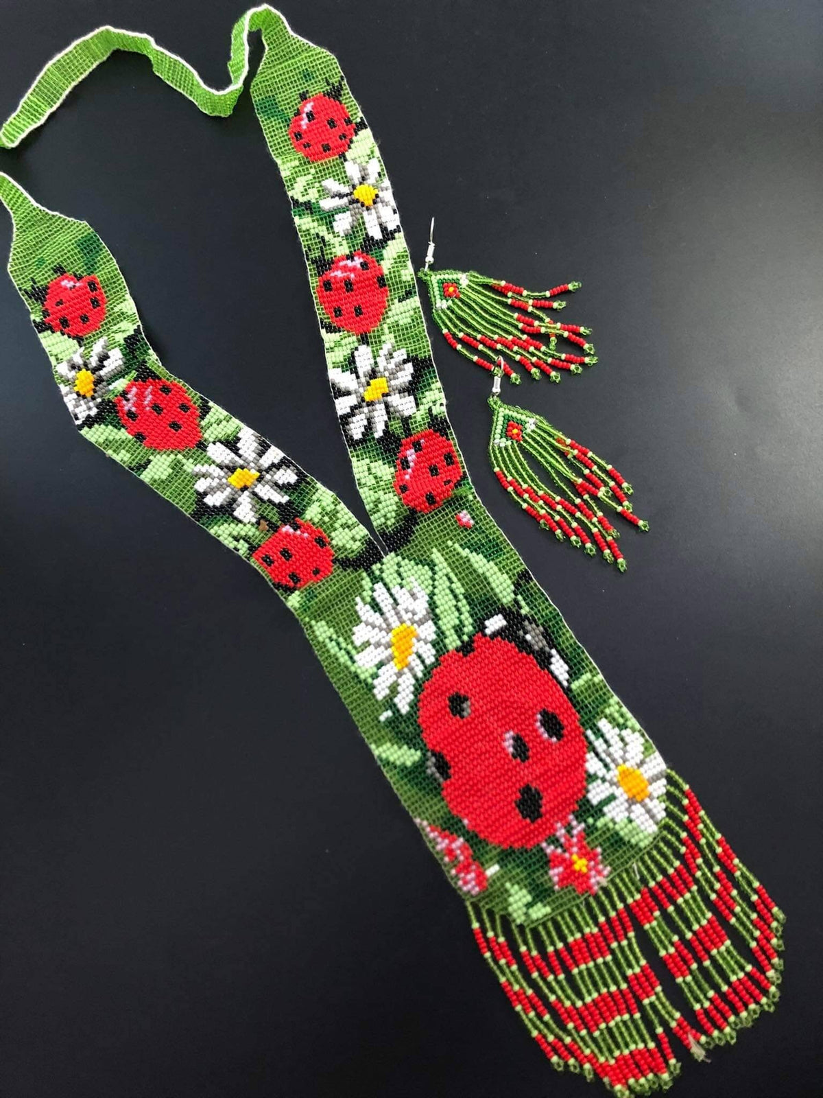 Handmade Beaded Ladybug Necklace: Boho Floral Garden Jewelry