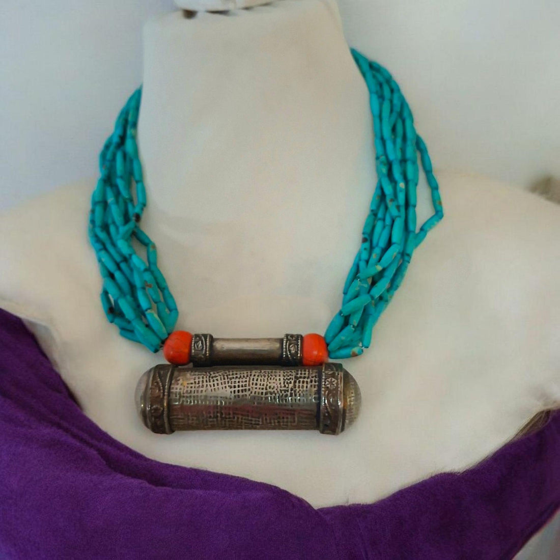 Bohemian Turquoise & Coral Pendant Necklace - Unique Ethnic Jewelry