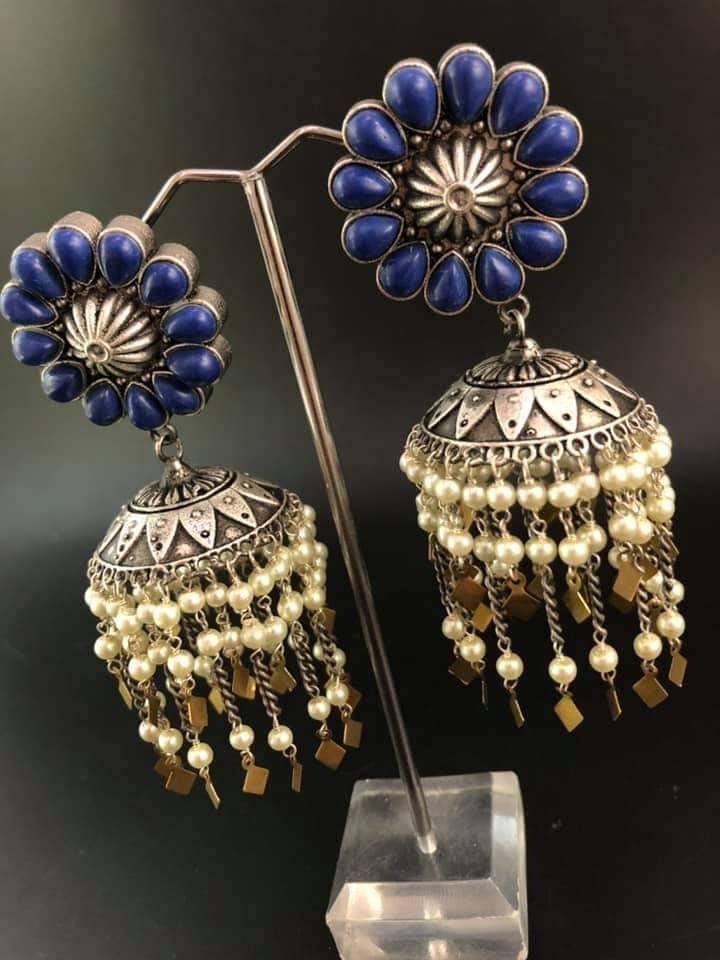 Brass Glass Jhumka Earrings: Indian Stone & Pearl Jewelry