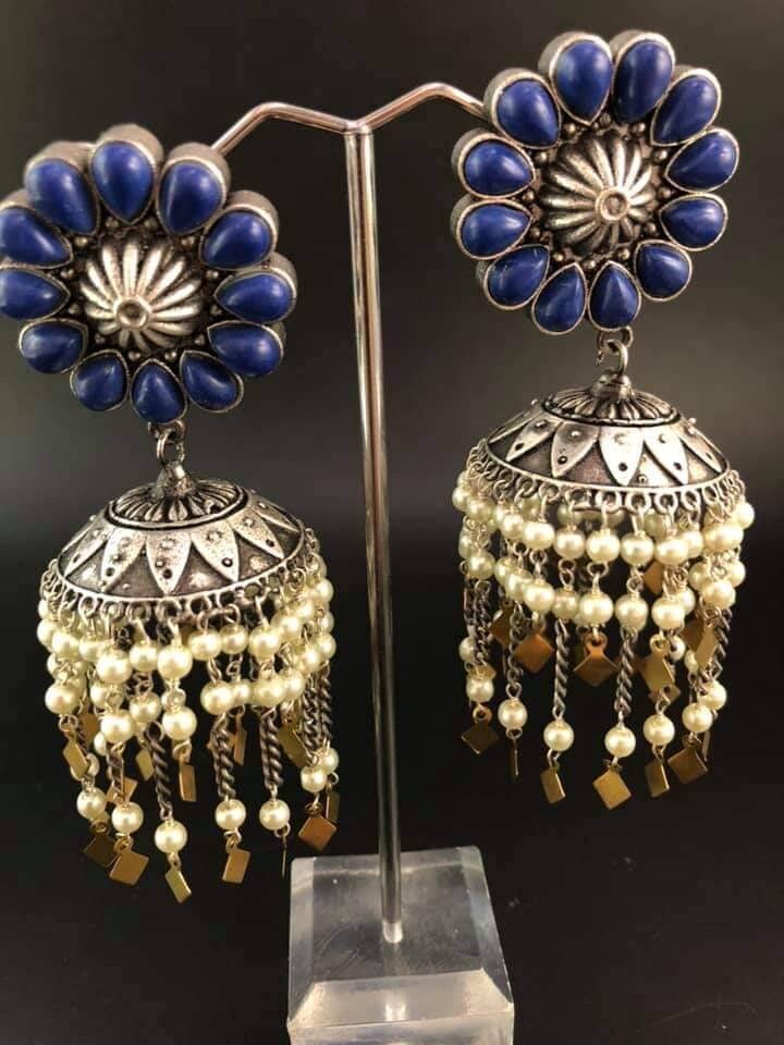 Brass Glass Jhumka Earrings: Indian Stone & Pearl Jewelry