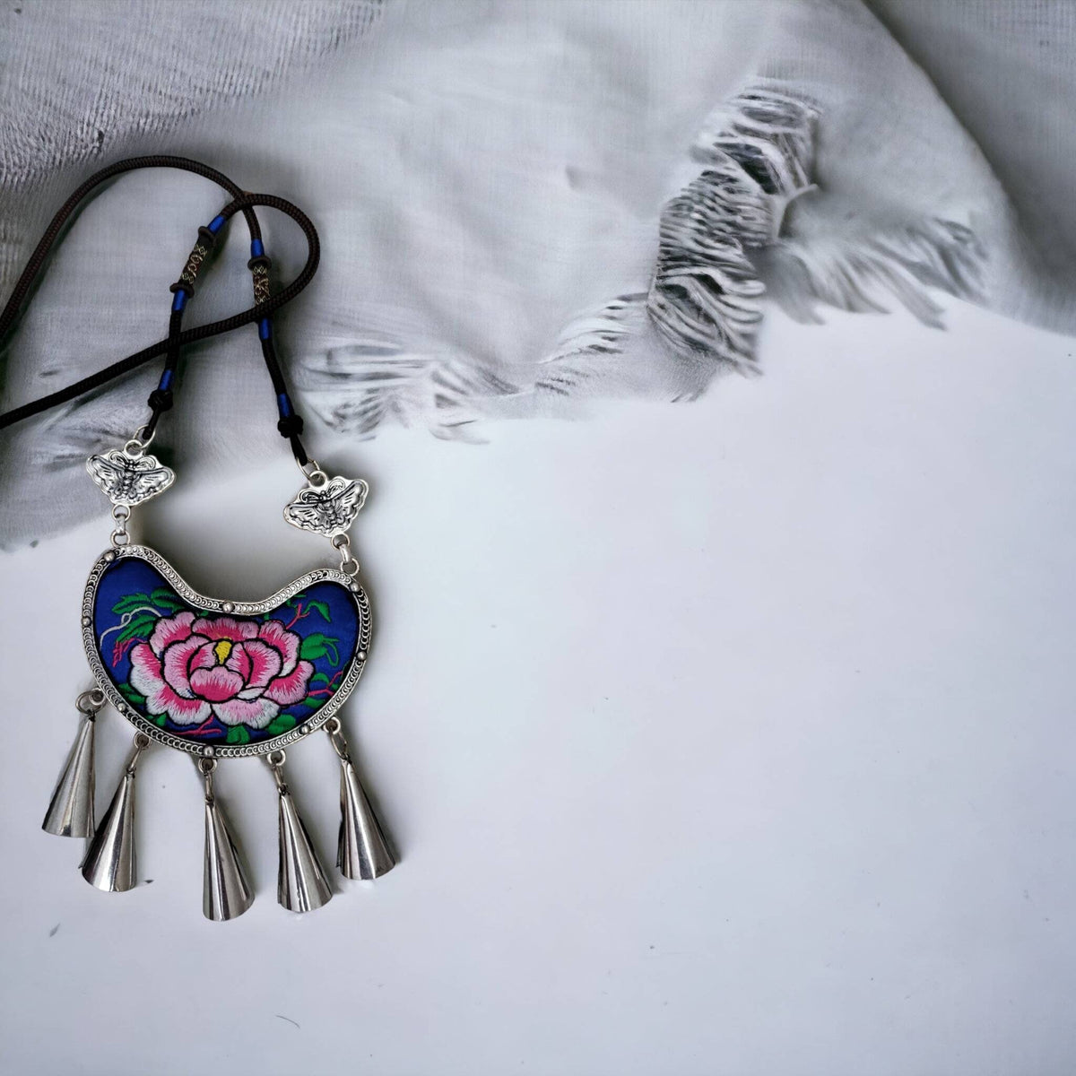 Miao Silver Embroidery Necklace & Butterfly Earring Set