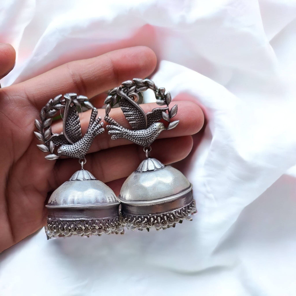 German Silver Bird Jhumka Earrings: Boho Gypsy Style