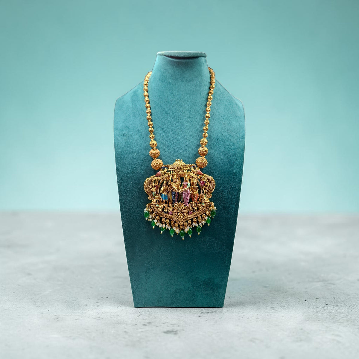 Divine Radha Krishna Temple Jewelry Necklace with Emerald Droplets