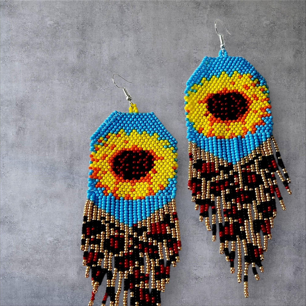 Handcrafted Sunflower Beaded Fringe Earrings